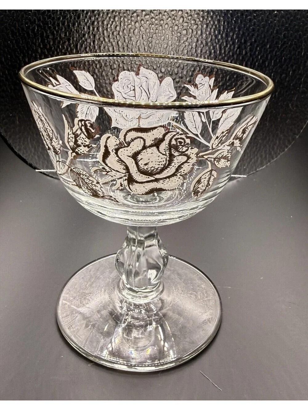 Vintage Libby Rose Set of 8 Clear Champagne Coupe Glasses Etched Gold Rim Floral